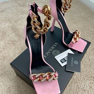 Versace Gold and Pink Heels with Chain Embellishments